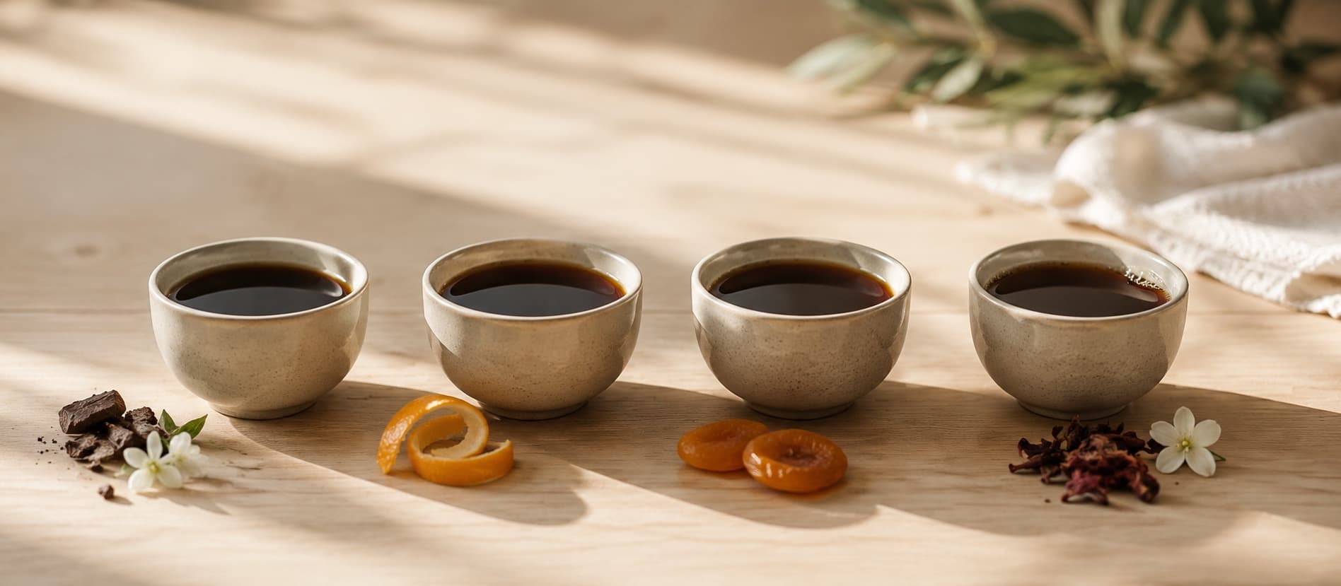 Four small cups arranged with simple sensory ingredients for a guided coffee tasting.